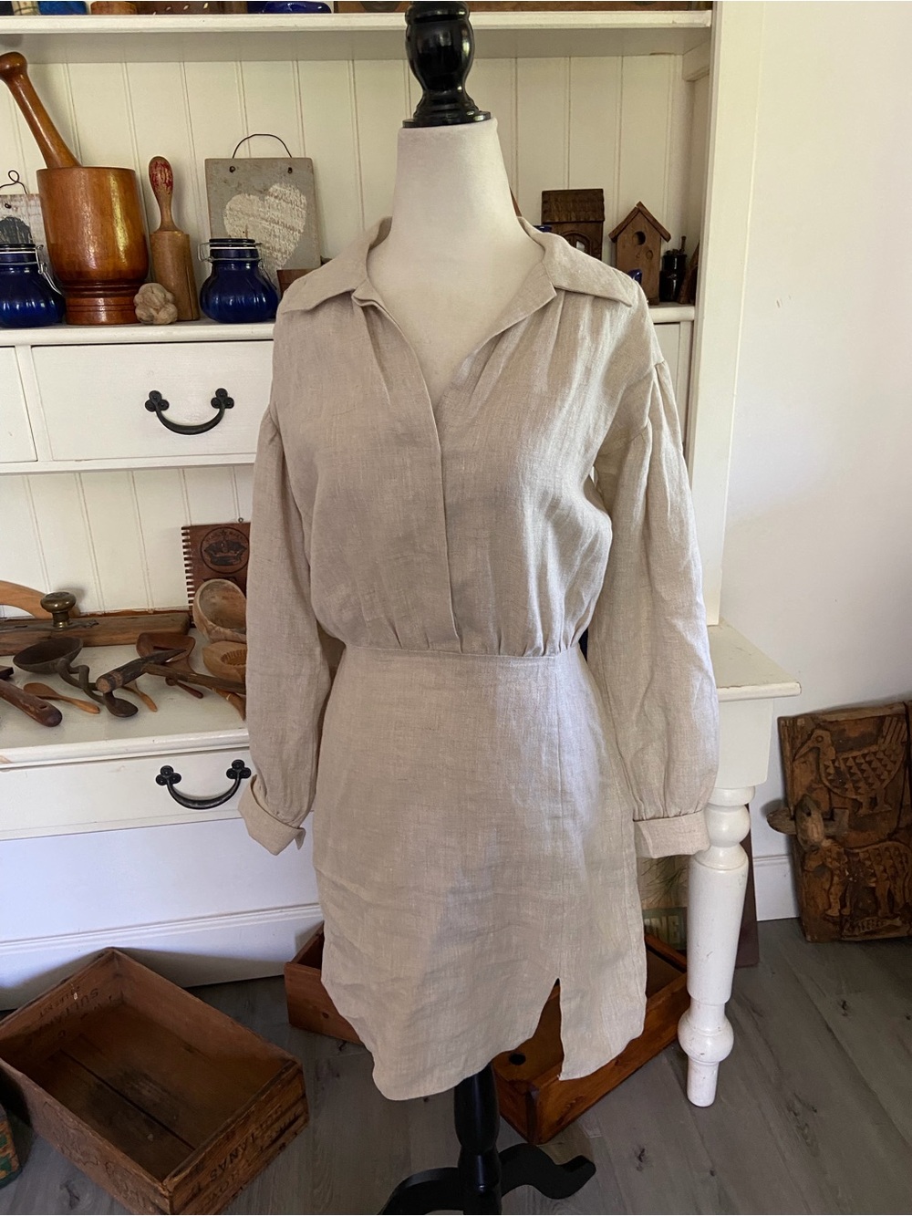 Beige Linen Shirt Dress - Casual Collared Women’s Dress